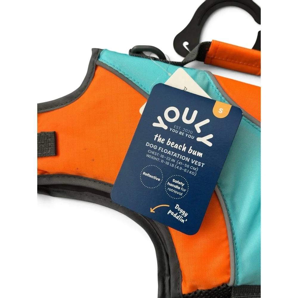 Youly The Beach Bum Dog Life Jacket Flotation Vest Orange Blue Small Handle NWT